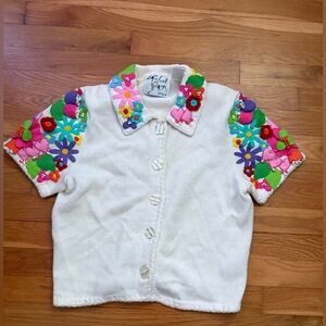 Michael Simon White Cardigan with Floral Accents